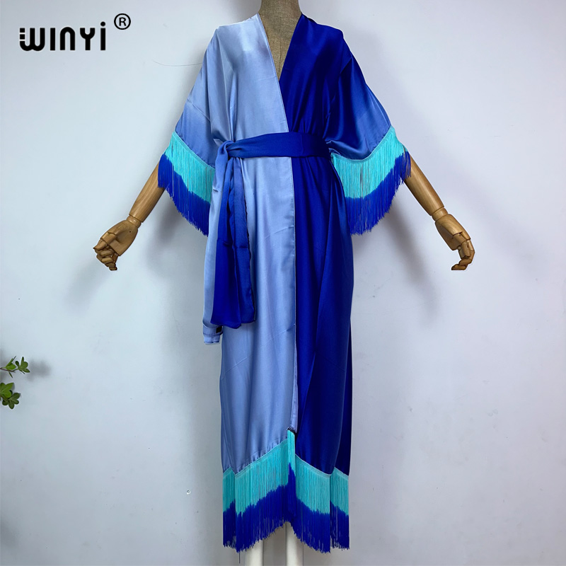 Winyi Kimono Cover-Ups Zomer Boho Geleidelijke Franje Print Bikini Cover-Up Mode Vest Sexy Kwastjes Maxi Jurk: MULTI