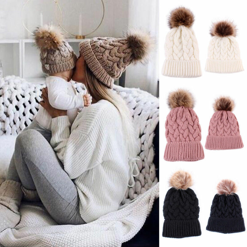 Cute Kids Girls Hats Mother Daughter Warm Knitted Hat Family Matching Children Hats And Caps Winter Newborn Baby Hat Beanie Caps