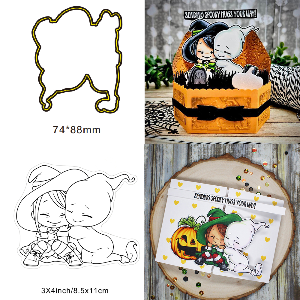 Söt häxräv glad halloween metallskärverktyg genomskinlig stämpel gör-det-själv scrapbooking silikonstämplar för kort album hantverk