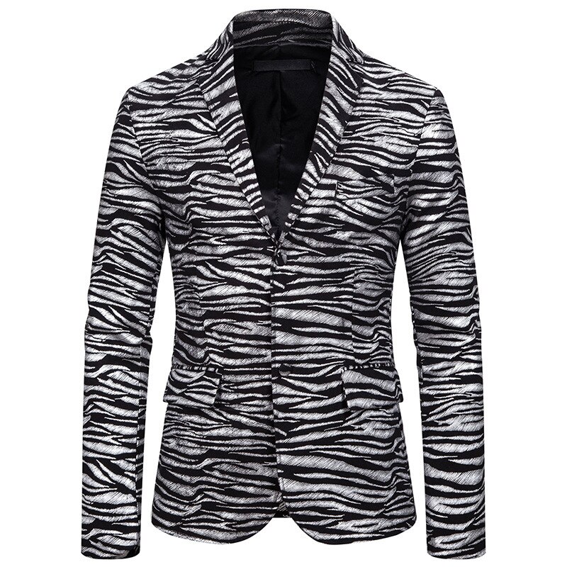 Shenrun herr kavaj slim fit jacka tiger randigt tryck kostym jackor scen sångare värd kostym casual kavaj guld silver: Silver- / M