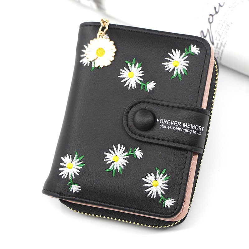 Flower Embroidery Women's Leather Wallet With Coin Pocket Short Purse For Female Ladies Clutch Bag Credit Card Holder: Black