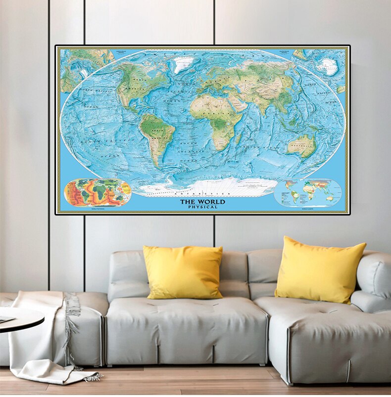 150 x 225cm verdens fysiske kort med verdens tektonik og klima til geografisk forskning