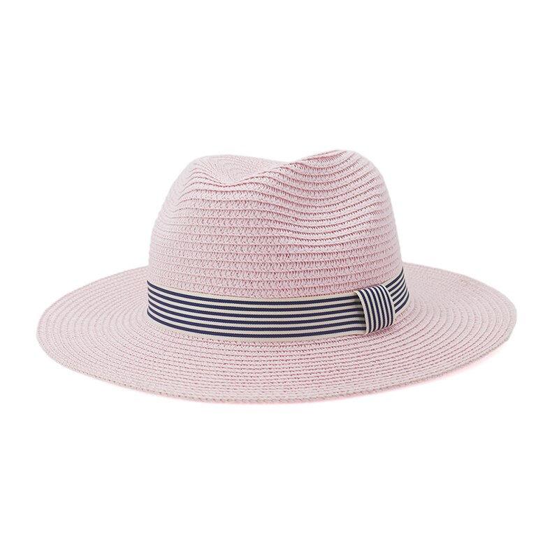 Straw Hat Women Summer Sun Beach Panama Wide Brim Ribbon UV Protection Outdoor Accessory: Pink