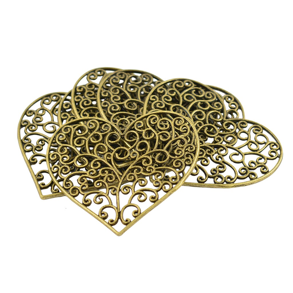 6 Stuks Big Hollow Charm Hart Hanger Diy Sieraden Maken Craft Antiek Brons