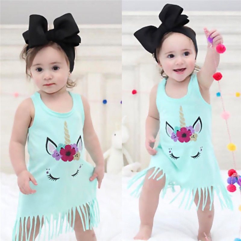 Summer Cute Unicorn Cotton Dress Toddlers Girls Tassel Party Birthday Princess Casual Dresses Kids Clothing Aged 1-6Y