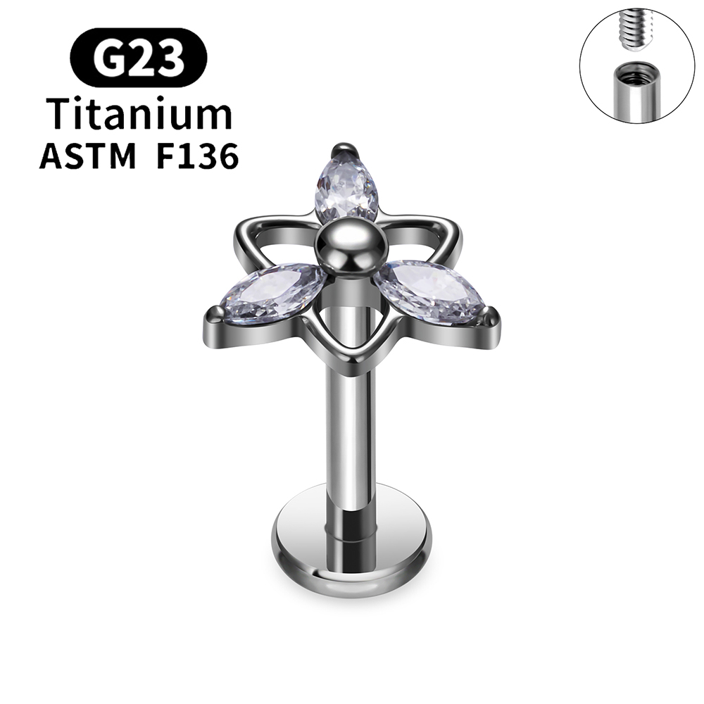 G23 Titanium Sneeuwvlok Kers Hartvorm Platte Achterkant Stud Oorbel 16G CZ Oor Tragus Kraakbeen Helix Conch Kwab piercing Sieraden: green / Blue Zinc Plated