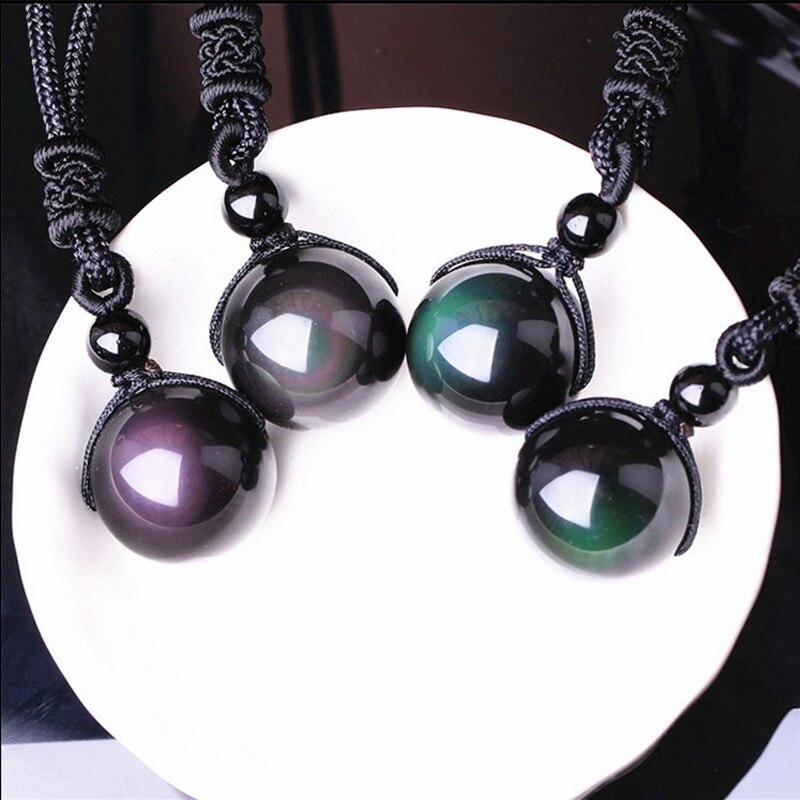 Black Obsidian Rainbow Eye Ball Necklace Transfer Lucky Love Natural Stone Buddhism Pendant Necklaces for Women Men 4 Sizes