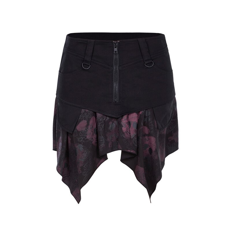 PUNK RAVE fille gothique à glissière Double couche asymétrique ourlet jupes Punk Sexy volants femmes jupe