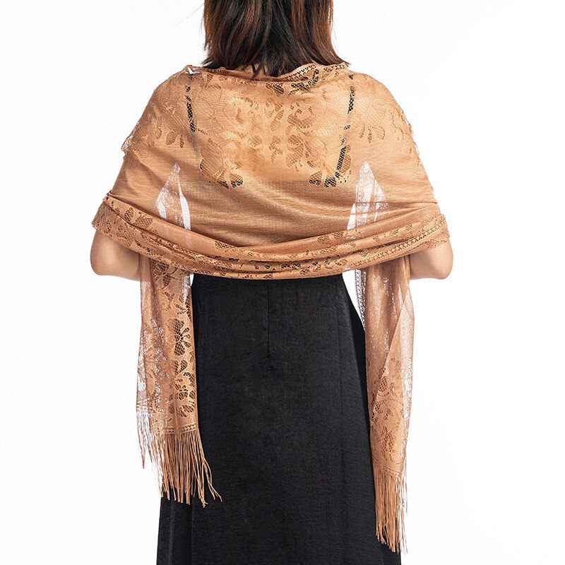 Kanten Sjaal Bruid En Bruidsmeisje Vrouwen Sjaal Wraps Party Holle-out Gehaakte Bloemen Tassel Tulle Sjaals Dames Retro Shawl: CAMEL