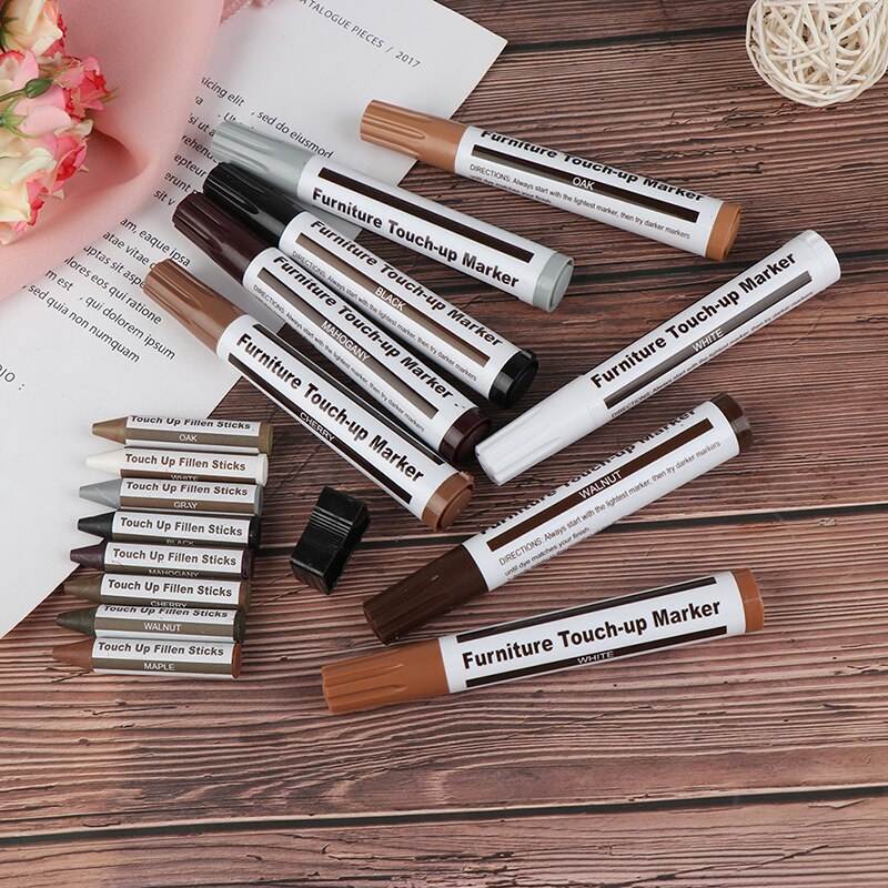 17 stk møbler touch up kit markører & fyldstof pinde træ ridser gendanne kit ridse patch maling pen træ komposit reparation