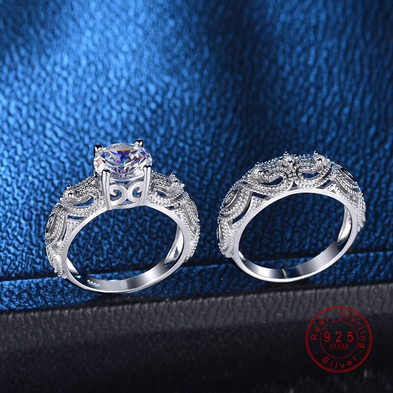 White CZ Stone Ring Sets Silver Color Hollow Out Rings Wedding For Women Couple Ring For Lover Accessories