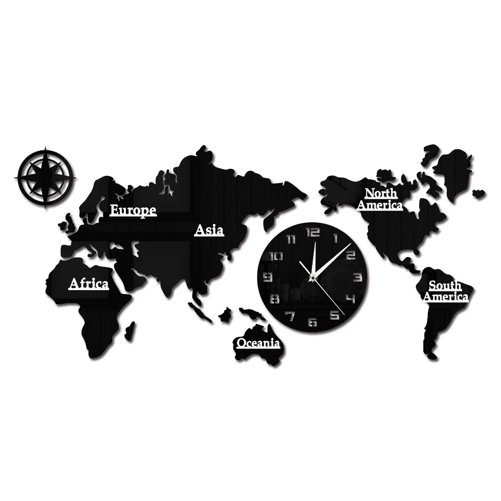 Akryl diy 3d världskarta stor klocka geografi mute relogio de parede historisk karta över världsklocka utan batteri resenär