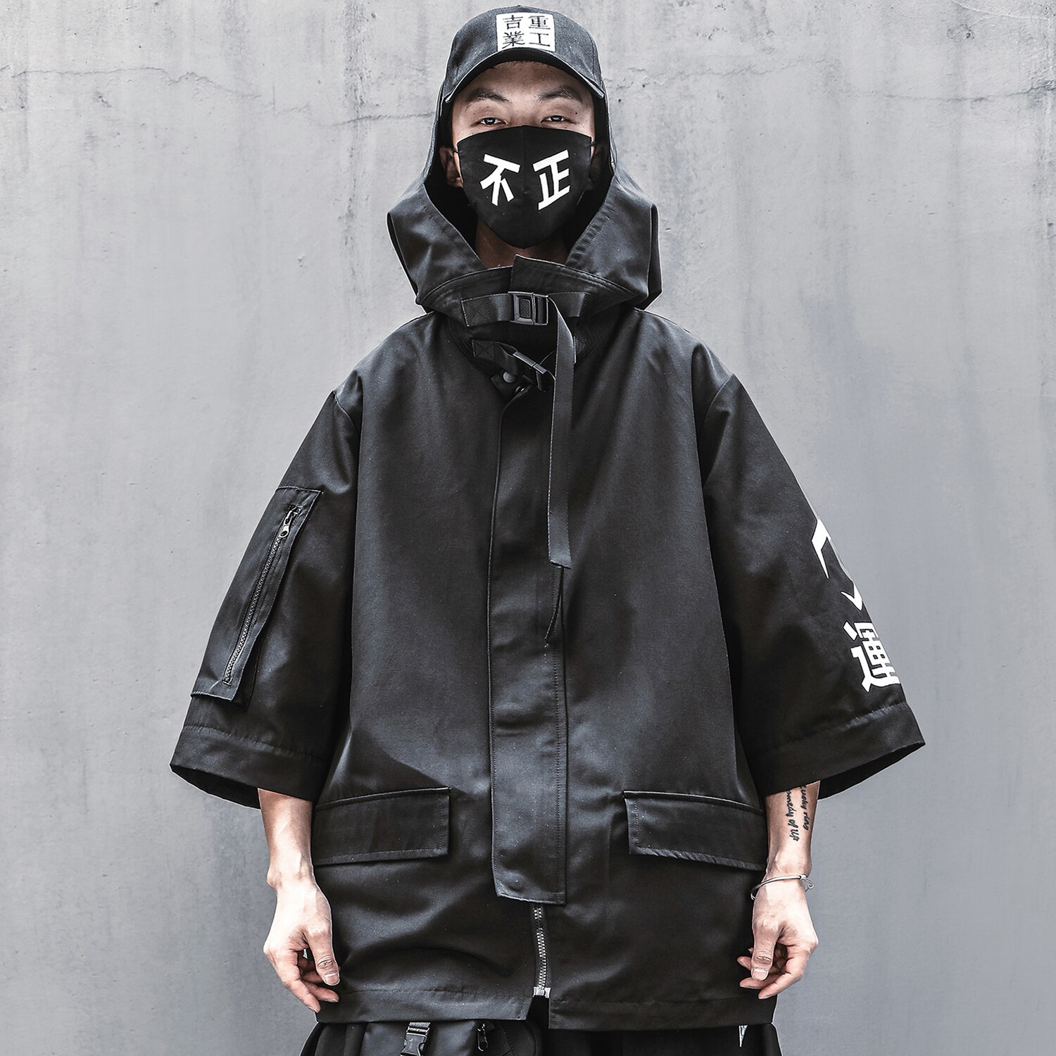 Techwear – veste Kanji à capuche pour homme, Streetwear japonais, coupe-vent, à la