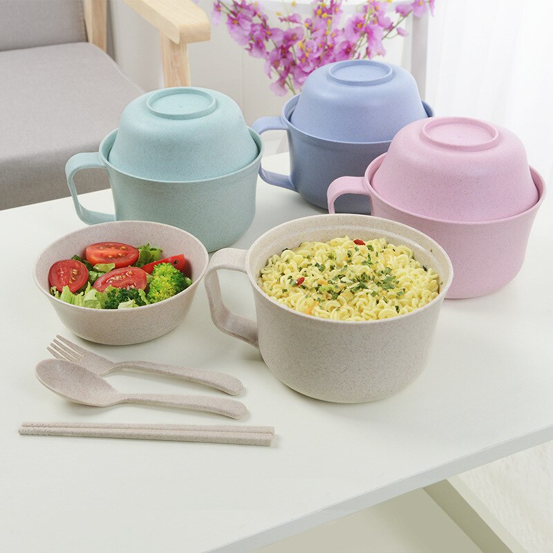 1Pcs/Set Instant Noodles Bowl with Lid Handle Dinnerware Wheat Straw Japanese Style Soup Ramen Microwaveable Set