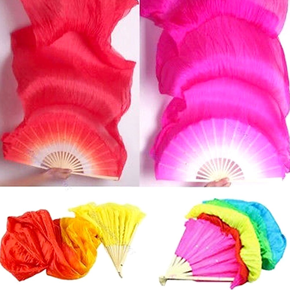Long voile de ventilateur pliable en bambou, fait à la main, coloré en soie, flamme, danse du ventre, Art, jaune, rouge, bleu