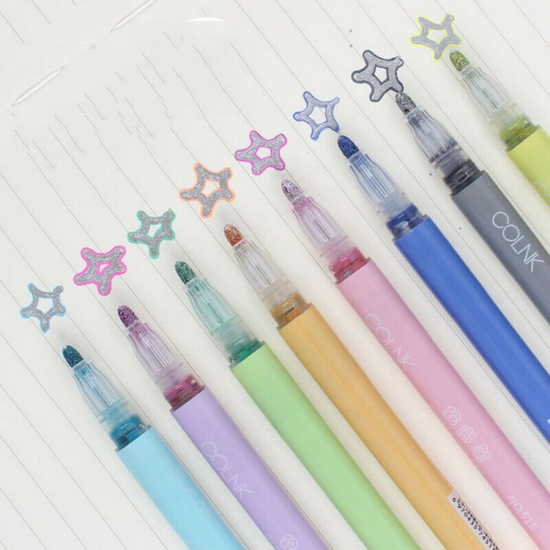 8Pcs Fluorescerende Dual-Kleur Lijn Glitter Markers Pen Voor Bullet Journaling Schrijven Notities Kalender Agenda Coloring Art