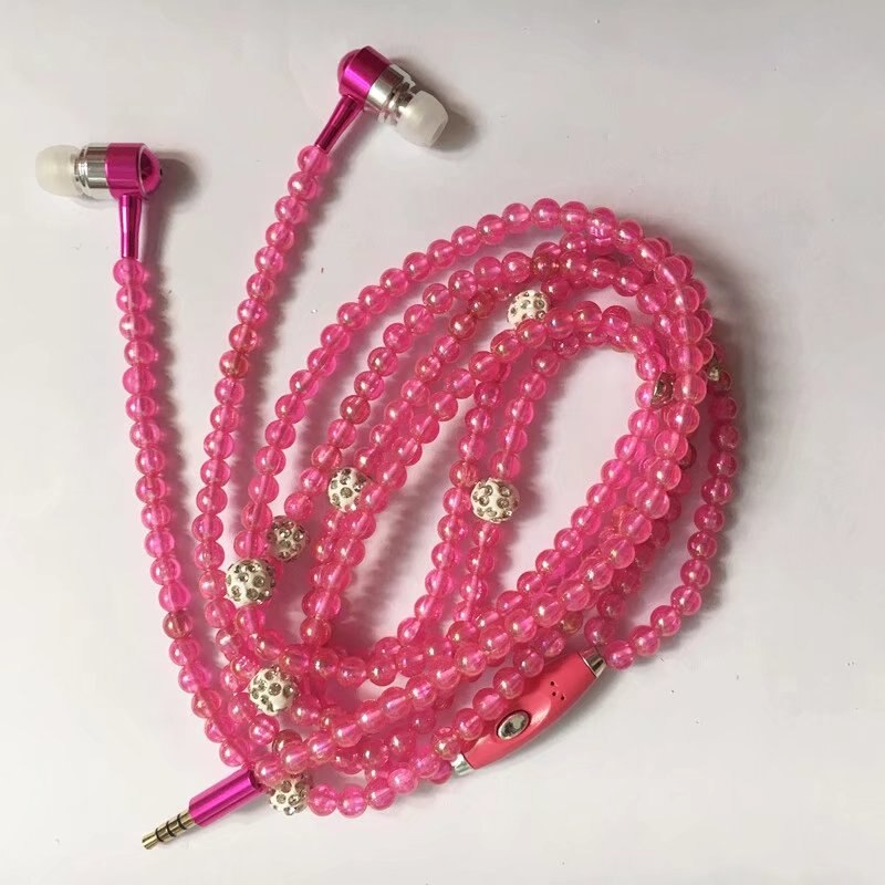 Pearl Necklace Earphone In-Ear Pink Rhinestone Necklace Jewelry Beads Earphones With Mic For Samsung Xiaomi Brithday Girls: Rose red