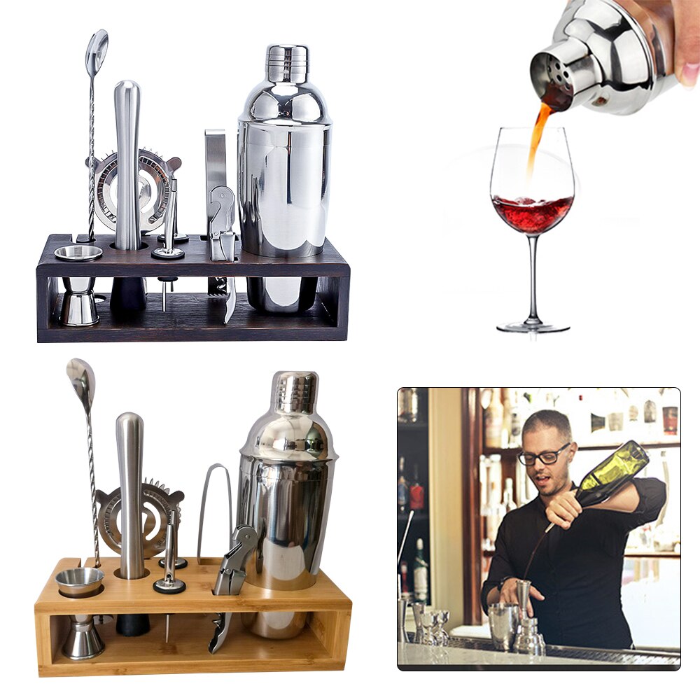 750ML Cocktail Shaker Set,Bartender Kit with Stylish Wooden Stand Stainless Steel Bartending Kit for Home Bar Party