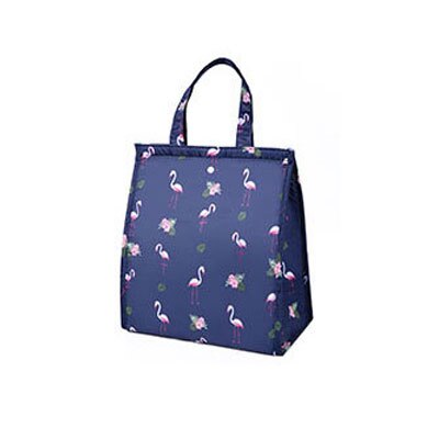 Nette Muster Druckt Inneren Aluminium Folie Lebensmittel Kühltasche Wasserdicht Polyester Hoop und Schleife Öffnung Klapp Thermische Mittagessen Tasche: Navy Flamingo