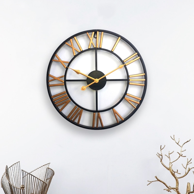 1 Uds., reloj despertador de hierro forjado para decoración de pared, reloj de pared Retro, barra de hierro hueco romana redonda 3D, reloj de pared decorativo silencioso dorado 6
