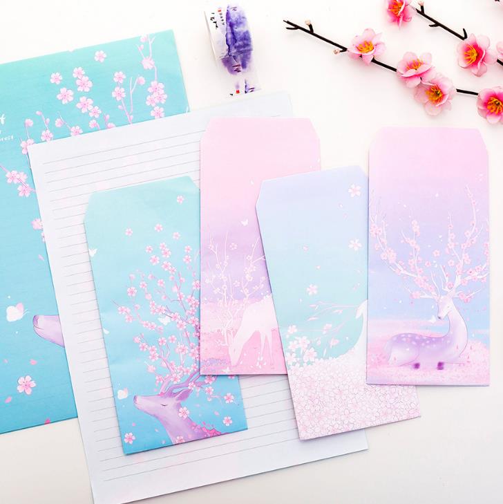 9 Pcs/pack Cartoon 3 Envelopes + 6 Sheets Letters Paper Forest Deer Cherry Sakura Series Envelope Letter Set for Stationery