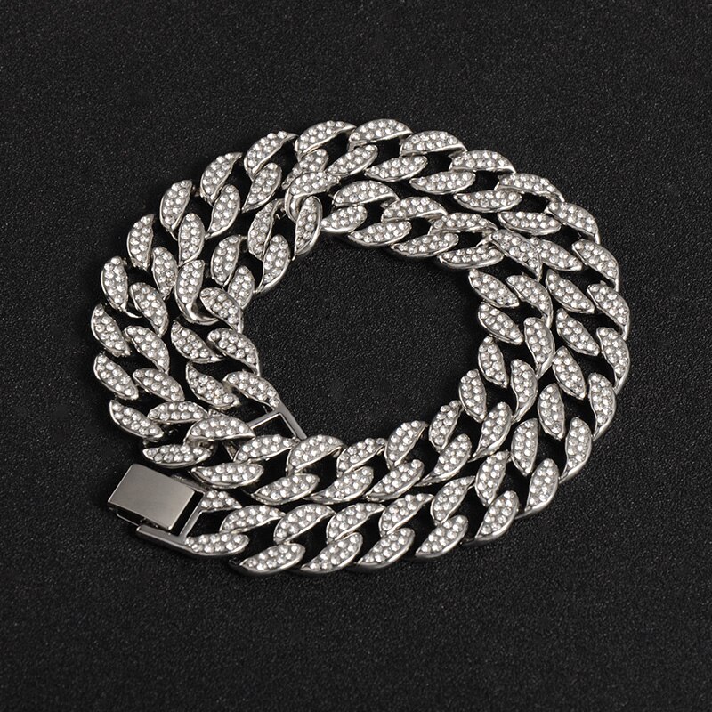 Hip Hop Miami Curb Cuban Chain Necklace 15MM Gold Iced Out Chains Paved Rhinestones CZ Bling Rapper Necklaces Men Jewelry: Silver Necklace