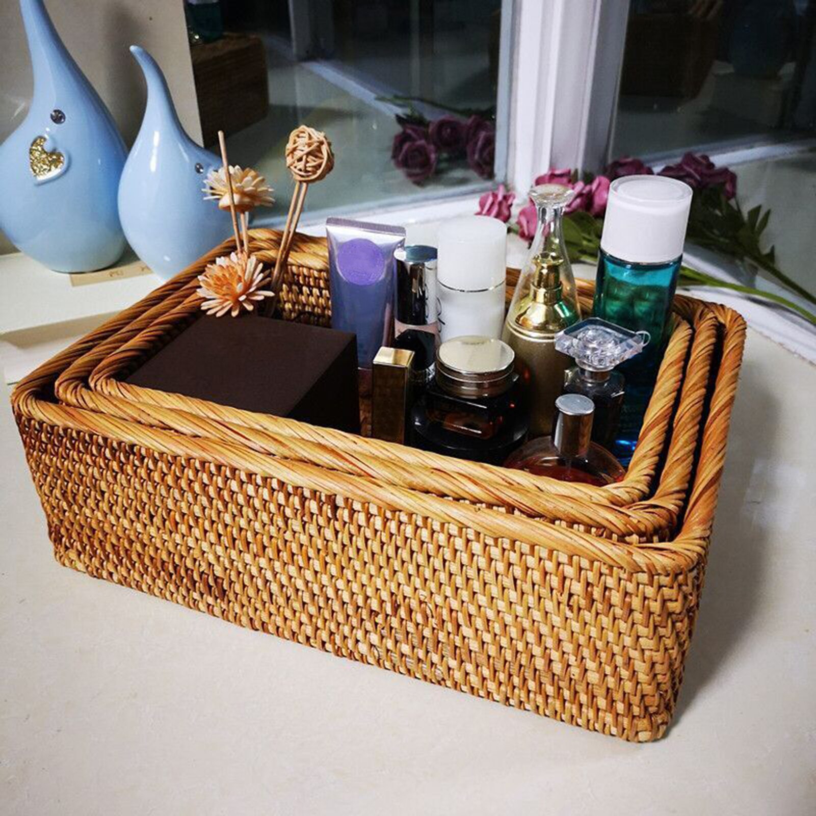 Panier de rangement en osier panier de rangement de bijoux rotin empilable articles divers clé magasine-cosmétiques organisateur boîte de rangement conteneur