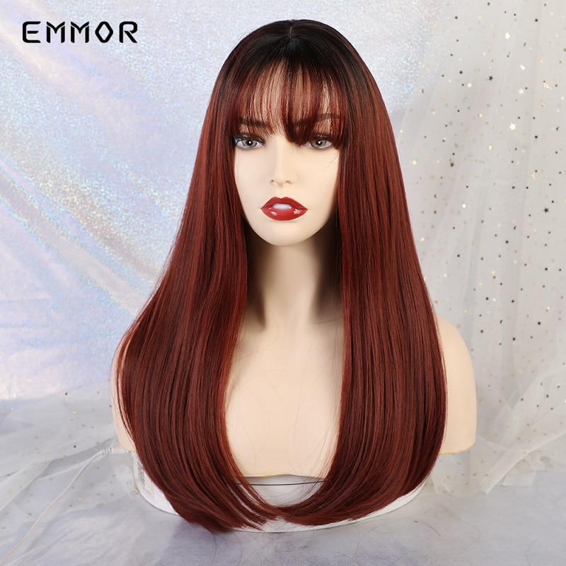 Emmor peruca cabelo sintético reto com preto natural, fibra de alta temperatura, vinho, vermelho, ombré, marrom, para mulheres