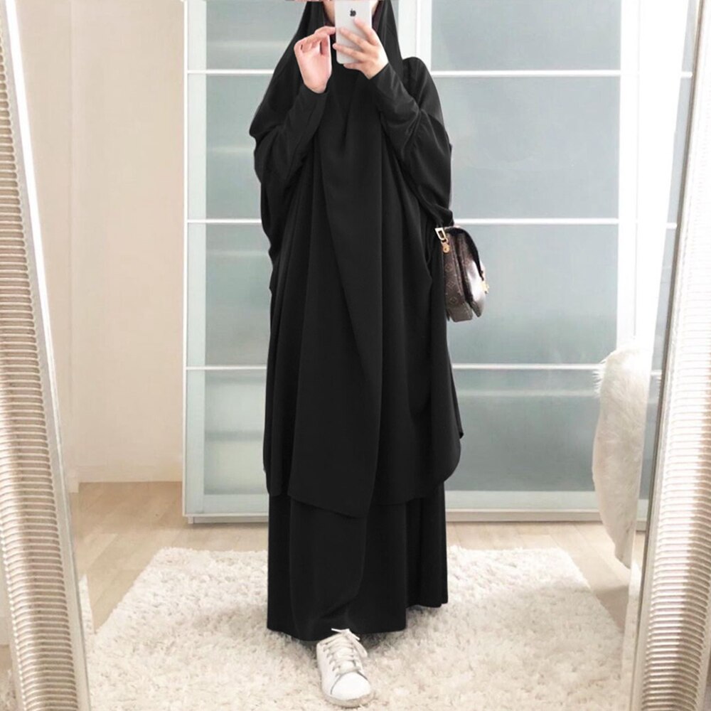 Ramadan Eid Frauen Gebet Bekleidungs Muslimischen einstellen 2 Stück Passenden Outfit Mit Kapuze Khimar Hijab Lange Felsen Abaya Islam Saudi Kleidung