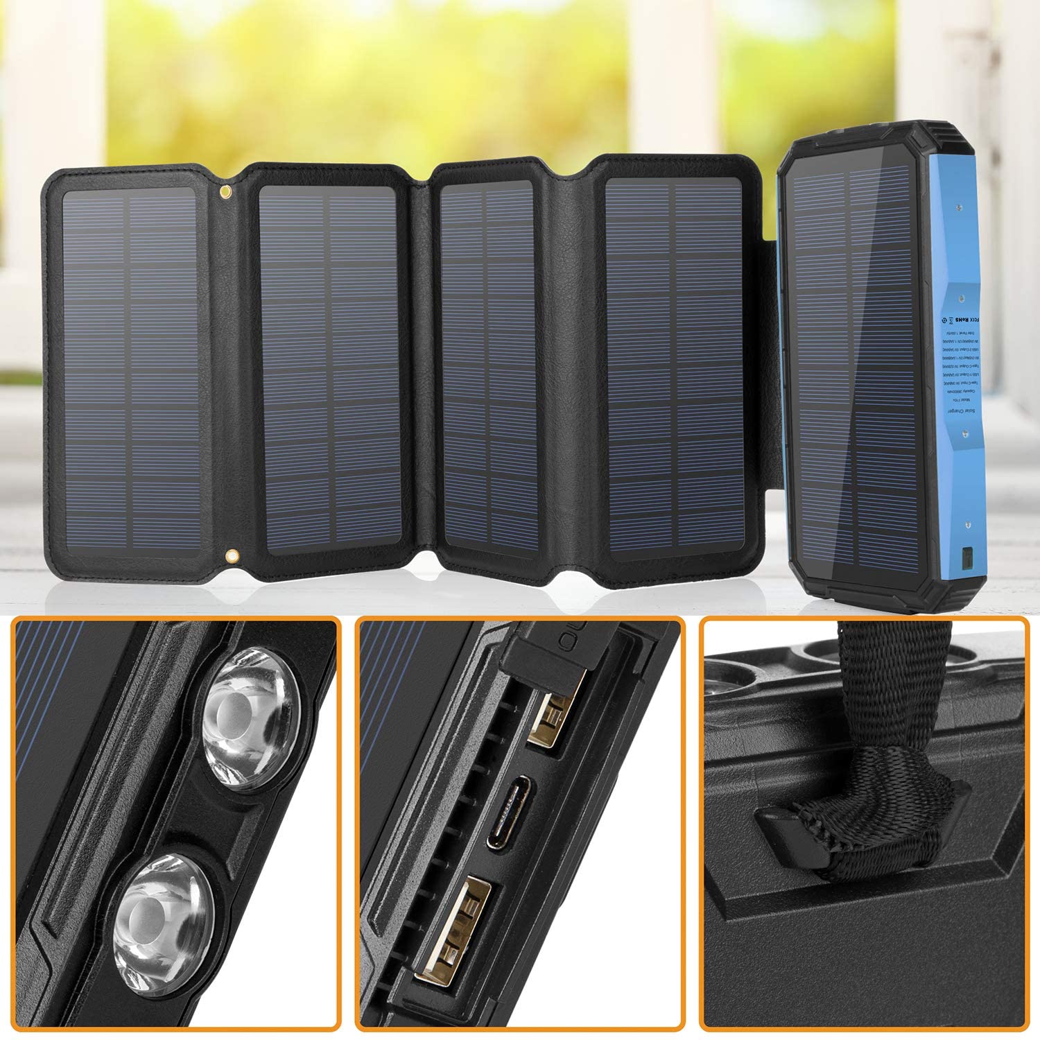 Solar Charger 26800mAh PD Portable Power Bank 5 Panels 7.5W High Efficiency With Ultra Bright 60-LED Panel Light and Flashlight