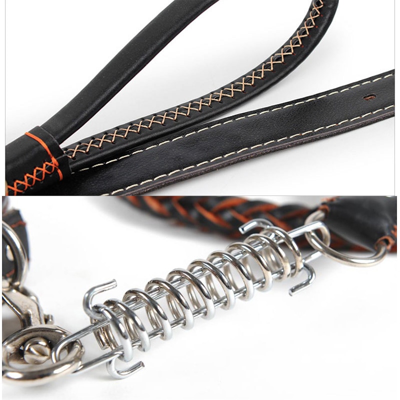 Dog Supplies Leather Weave Buffer Spring Pet Long Leash Traction Rope Collar Set For Big Dogs Leather Braid Collar and Leash Set
