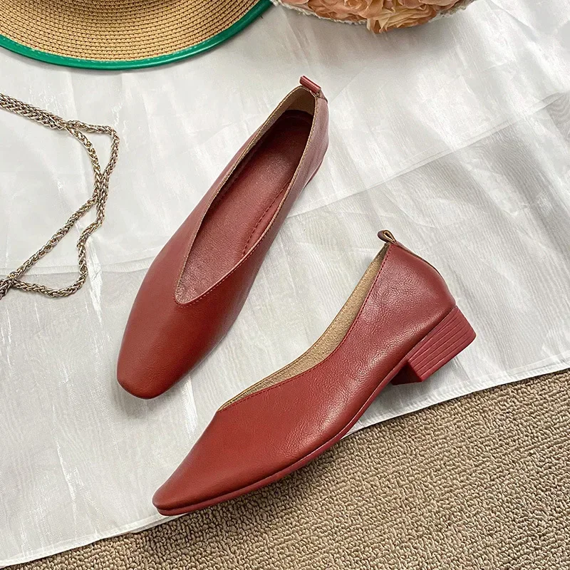 Echt leer Meerkleurige damesschoenen met lage hakken Ronde neus Platte bodem Ondiep gesneden enkele schoen Casual veelzijdige loafers: Rood / 42