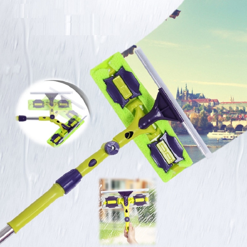 -Glass Cleaning Tool Double-Sided Telescopic Rod Window Cleaner Squeegee Wiper Long Handle Rotating Head Brush Silicone Scrub