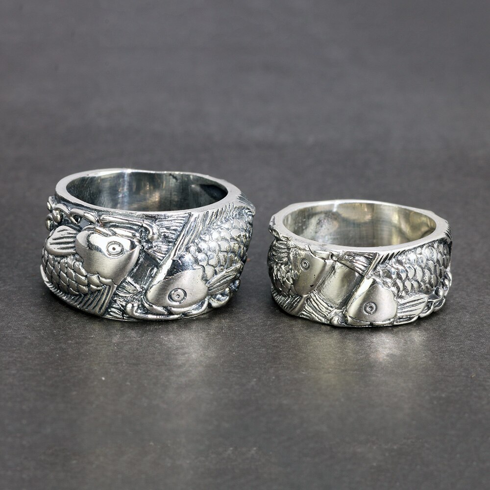 Anillos con forma de pescado para hombre y mujer, anillos con doble grabado, joyería de plata de ley 925 auténtica, para parejas