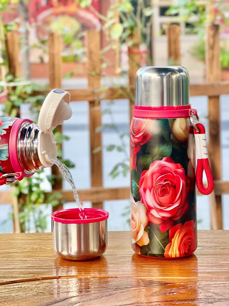 Retro and Bustling High-value Insulated Cup with Rose Pattern Double-layer Water Cup Car Portable Drawstring Stew Cup