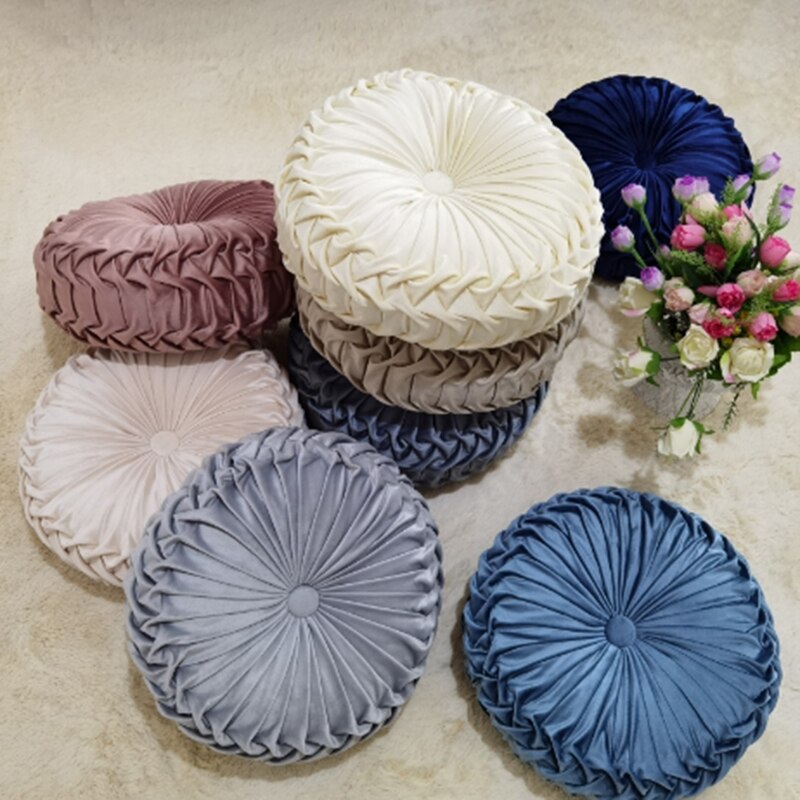 Coussin rond plissé en velours de 38cm, Textile de maison, couleur unie, coussin de maison, canapé-lit, oreiller de taille pliable européenne