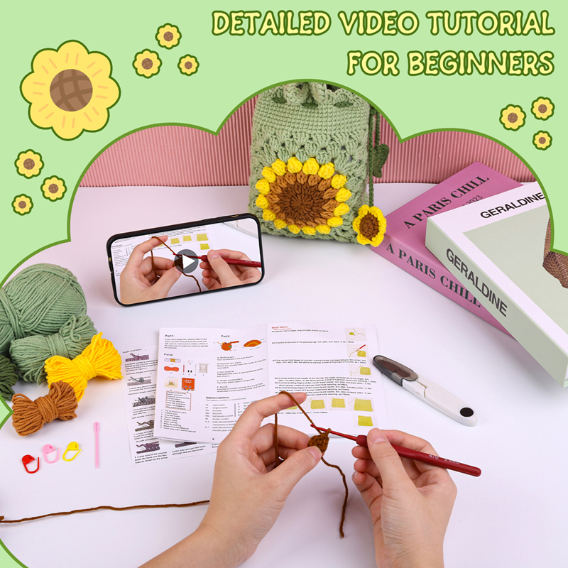 Kit de crochê para iniciantes e adultos com tutoriais de vídeo inclui gancho de crochê, fios e materiais de tricô para bolsa artesanal faça você mesmo