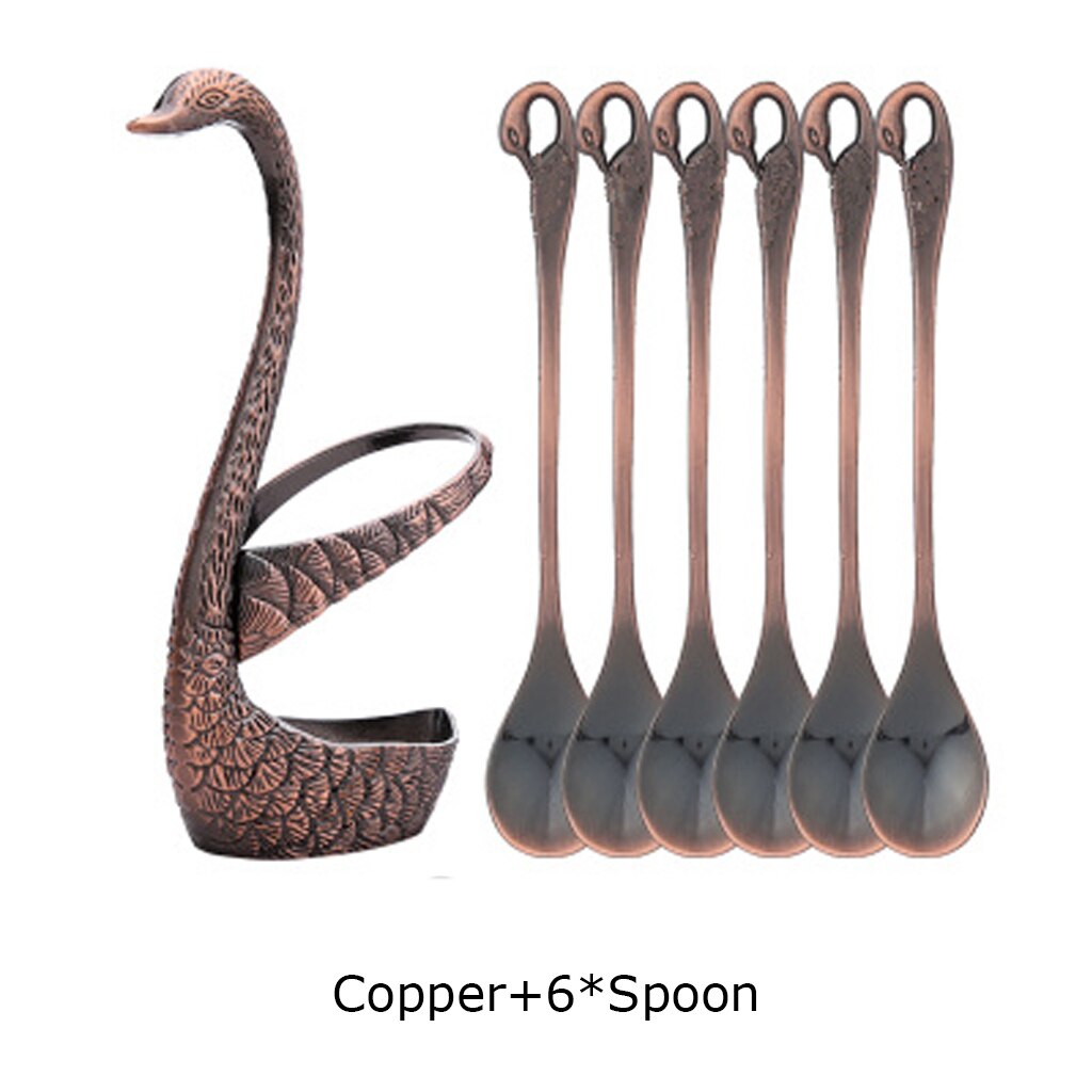 Base de cisne romántica, 7 piezas, vajilla de acero inoxidable para ensalada, postre, fruta, tenedores, cucharas de café, vajilla de cena, herramientas de cocina: Copper 6 Spoon