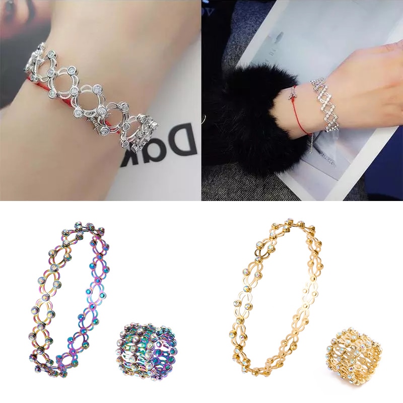 2 In 1 Magic Retractable Ring Bracelet Stretchable Twist Folding Ring Crystal Rhinestone Bracelets Women Jewelry