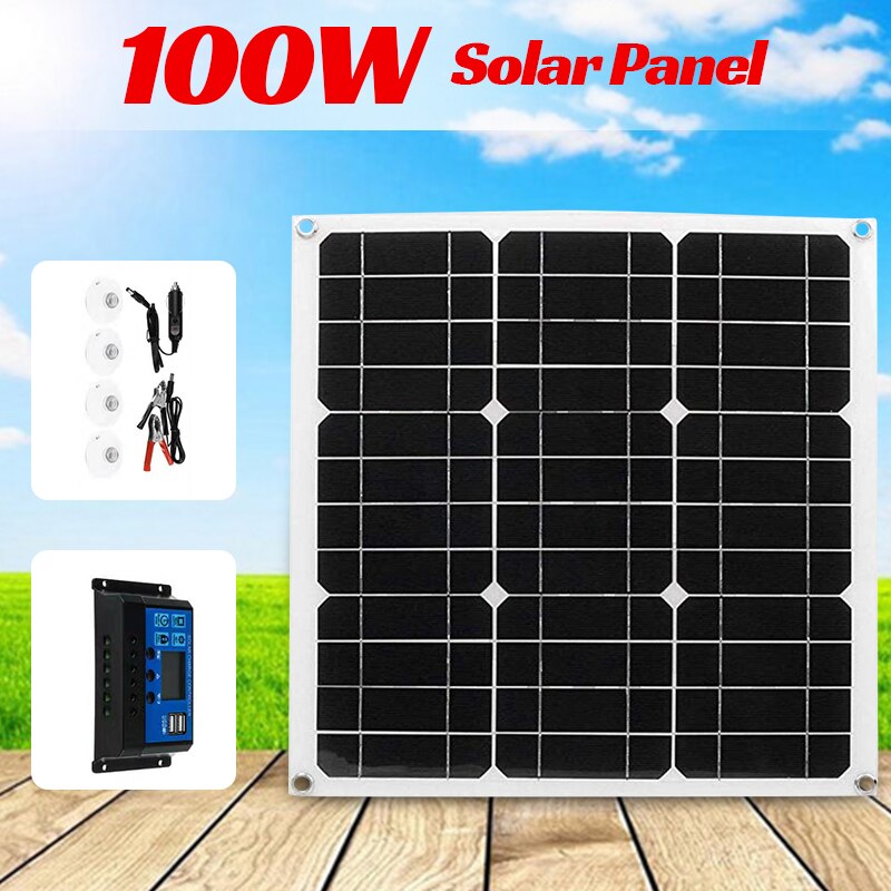 100W 12V 5V USB Solar Panel Solar Battery Charger 10A PWM Controller IP65 Single Crystal for Car Battery Alligator Clip Cable