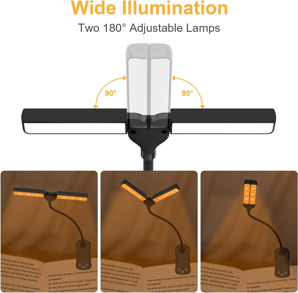 14 ledet-boklamper med klips, doble hoder, 3 farger, 8 lysstyrker, usb-oppladbar nattlampe, bærbar leselampe, boklampe