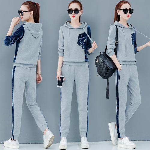 black Velvet Two Piece Set Tracksuit For Women Outfits Plus Large Size Sportswear Hoodies Top Pant Suit Winter Autumn Clothes: Gray / M