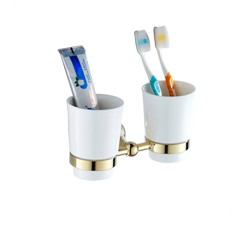 Bronze Double Cup Holders Black Gold Luxury Toothbrush Shelf Brass Chrome Wall Mounted Toothpaste Holder for Bathroom Accessory: Gold
