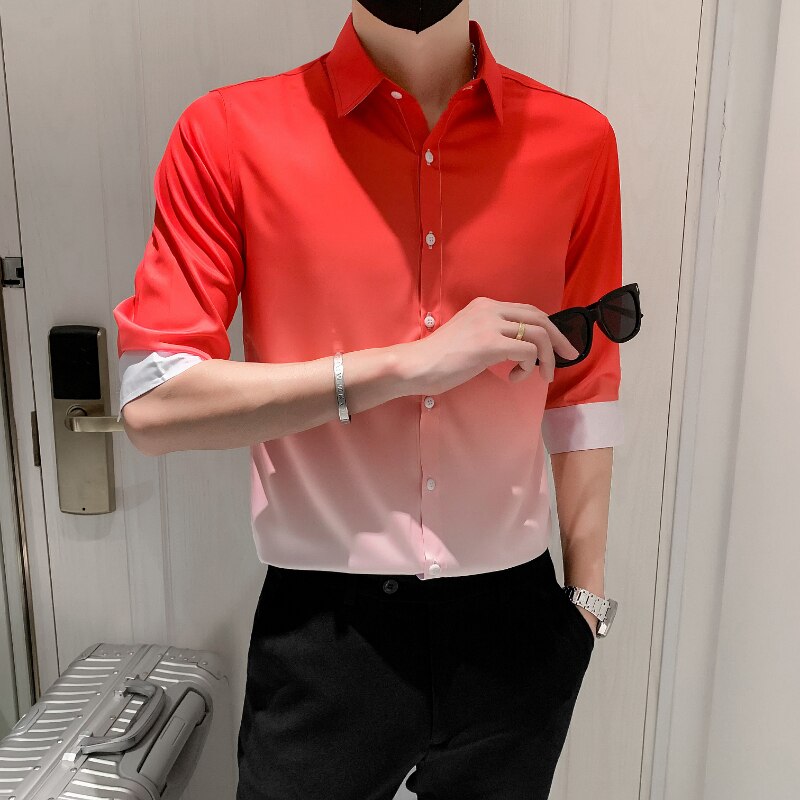 Camisa de Color degradado para hombre, ropa informal ajustada, esmoquin para baile de graduación, Media manga, 4xl-M: Red / Asian 3XL 72-77KG