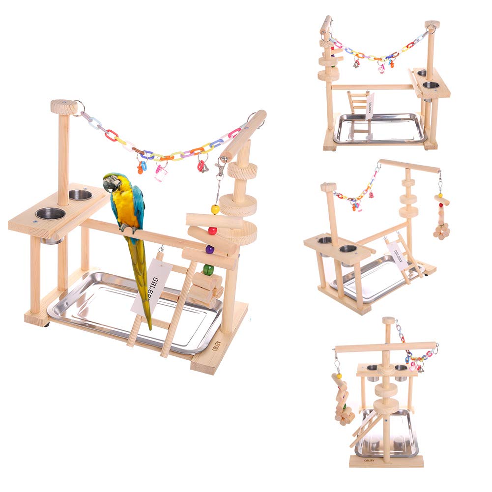 Soporte de juego para loros, parque de juegos para aves, cacatúa, parque infantil de madera, corralito de gimnasio, escalera con alimentador, tazas de juguete (incluye bandeja): Default Title