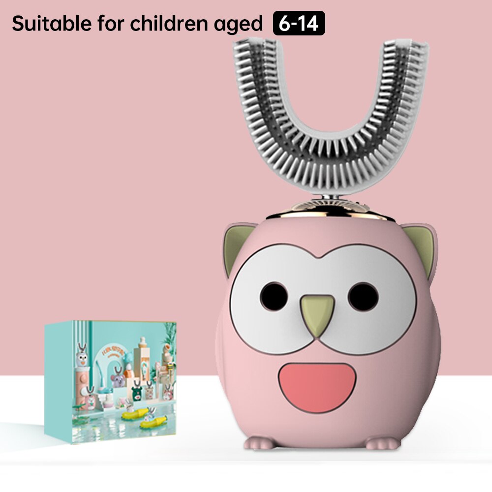Smart 360 Degress U Sonic Electric Toothbrush Kids Silicone Automatic Ultrasonic Tooth Brush Children Blue Light Teeth Brush: Owl Pink 6-14