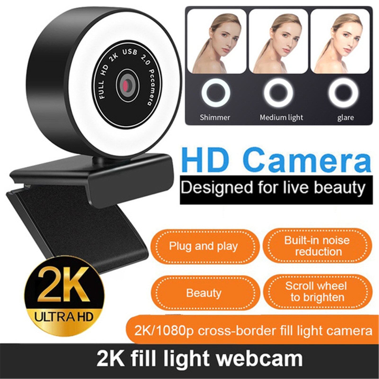 Laptop Webcam 1080P 60fps 2K High-Definition USB Driver-Free Live Webcam Camera with Microphone CMOS Webcams