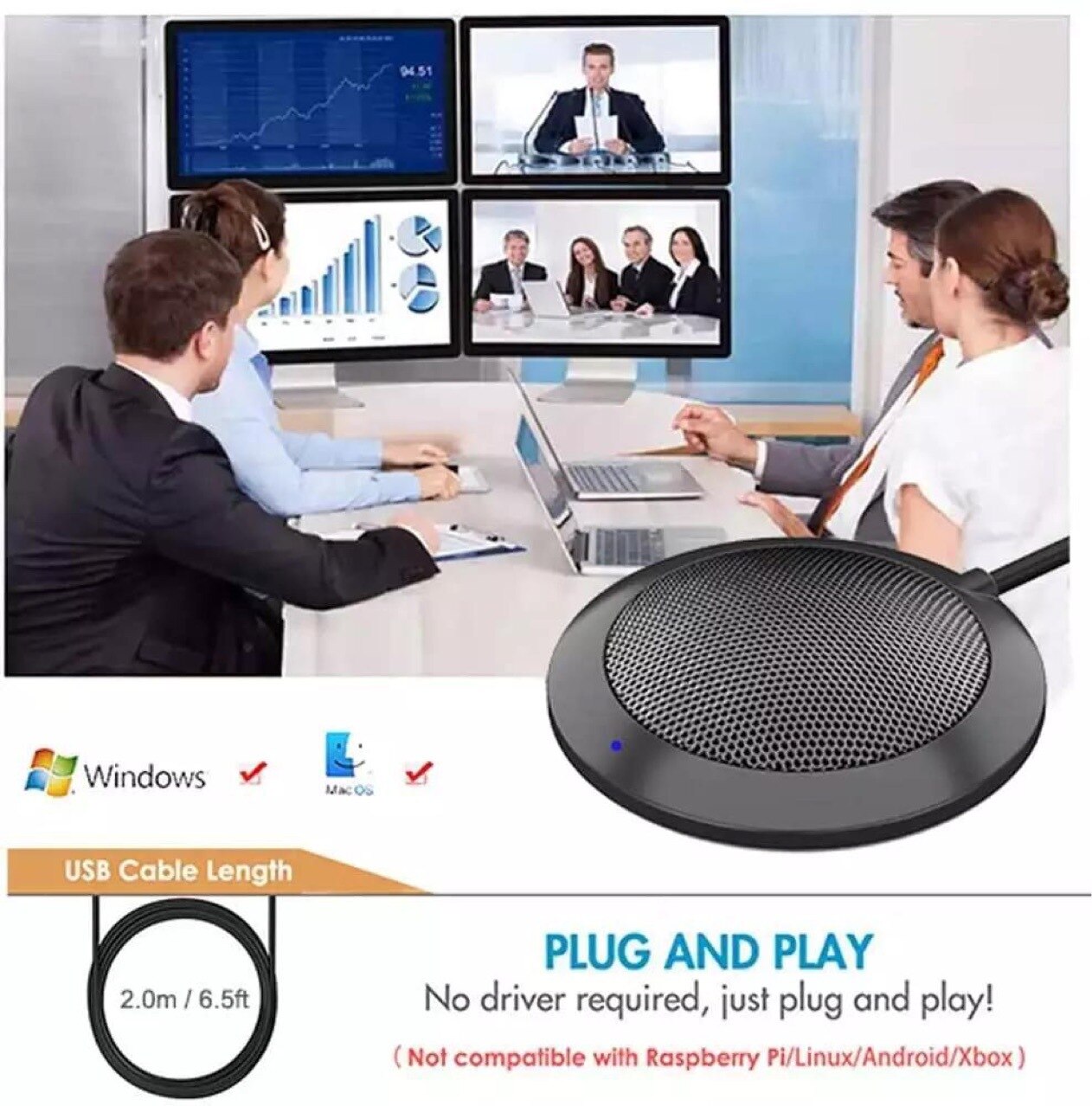Conference USB Microphone, Omnidirectional Condenser PC Mic for Video Conference, Recording, Skype, Online Class