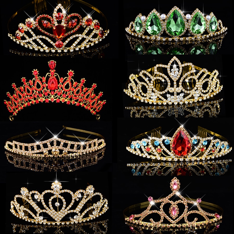Couronne de princesse de reine pour femmes et filles, coiffure verte, rouge, cristal or, grand diadème, accessoires de coiffure de mariée, mariage