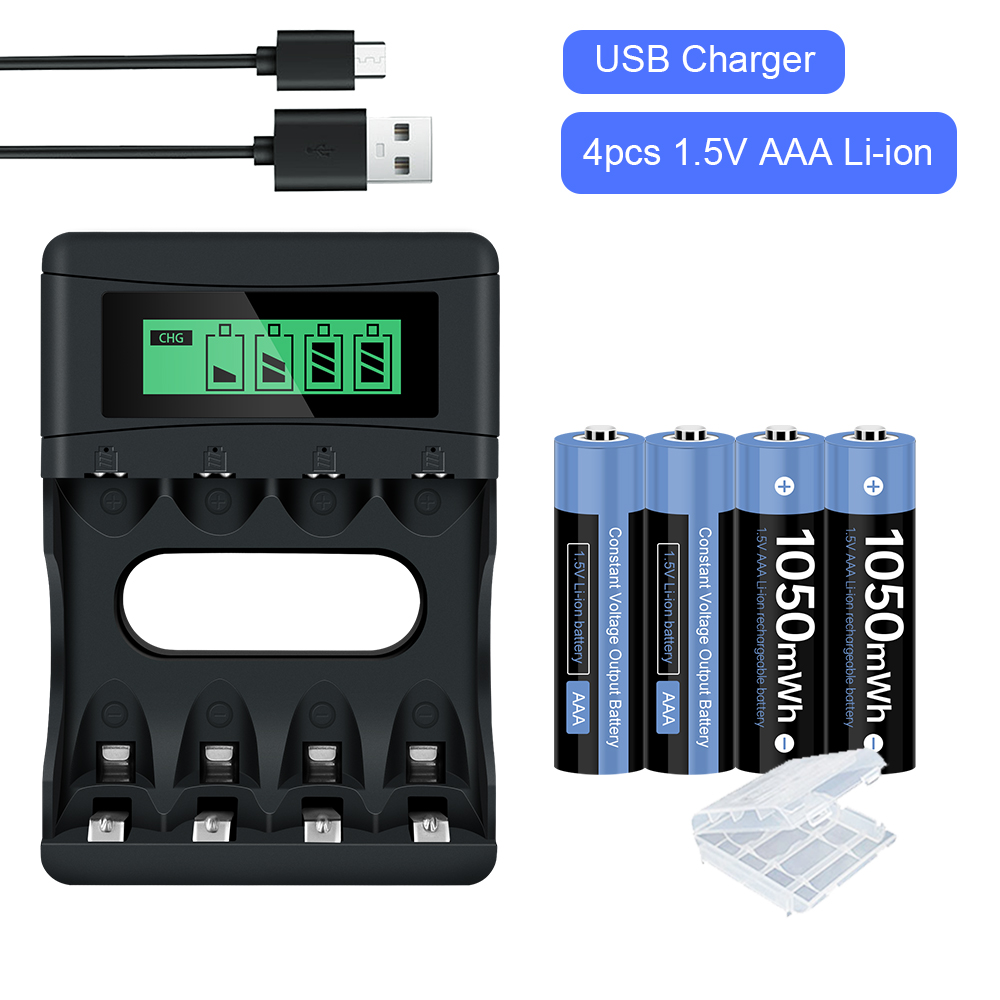 1.5v AAA rechargeable battery 1050mAh AAA 1.5V Li ion rechargeable battery for remote control toy light: 4AAA and charger